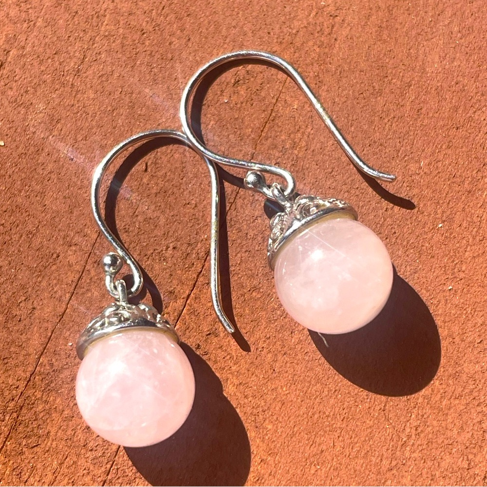 Elegant Sterling Silver and Pale Rose Quartz Drop Earrings - Picture 3 of 9